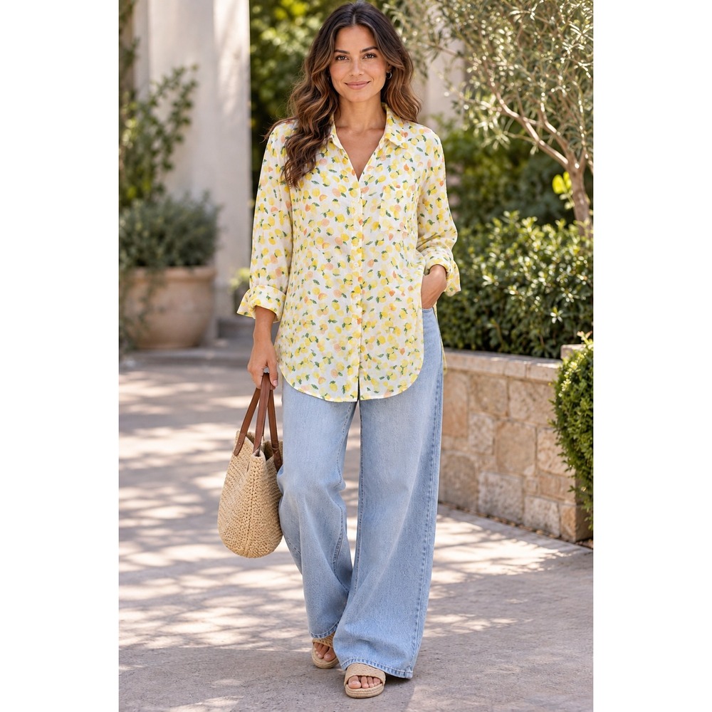 BeachLunchLounge Collection Shirt XL Lemon Citrus Print Button Up Coastal Resort
